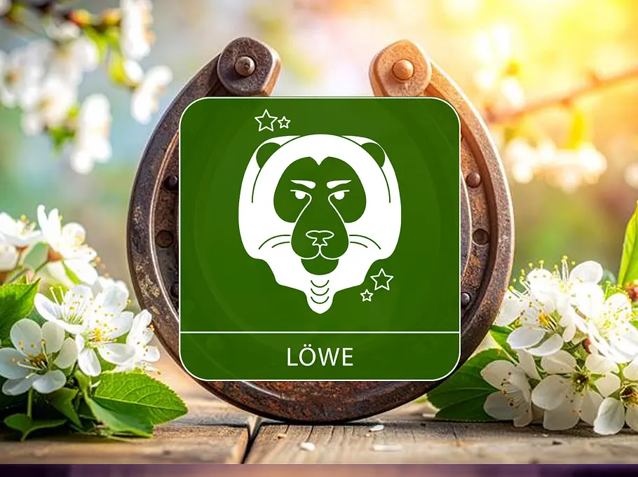 Das Sternzeichen Löwe vor einem Hufeisen umgeben von Blumen