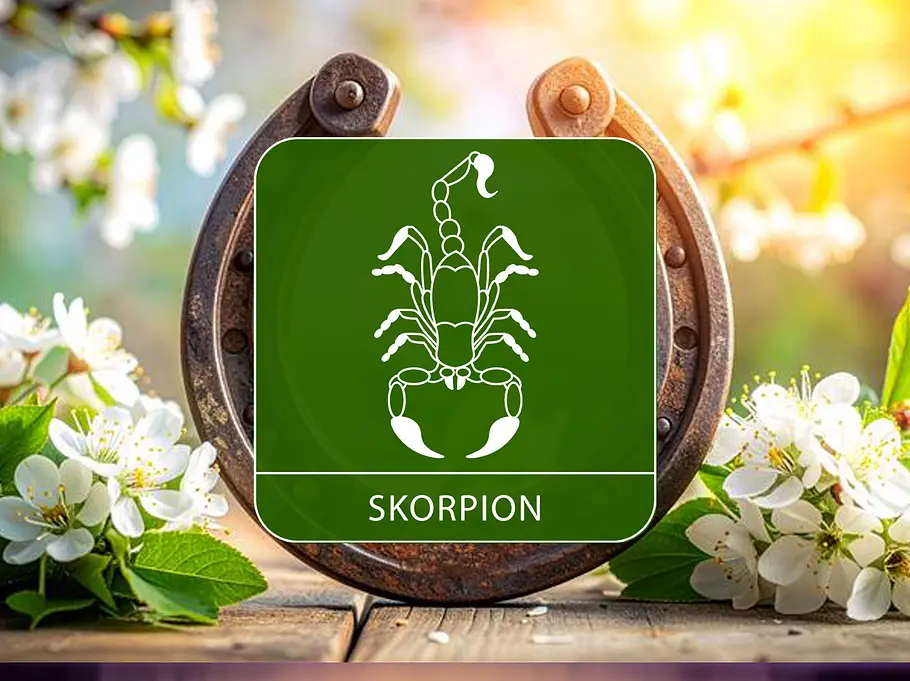 Das Sternzeichen Skorpion vor einem Hufeisen umgeben von Blumen