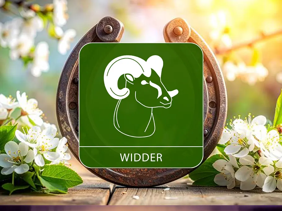 Das Sternzeichen Widder vor einem Hufeisen umgeben von Blumen
