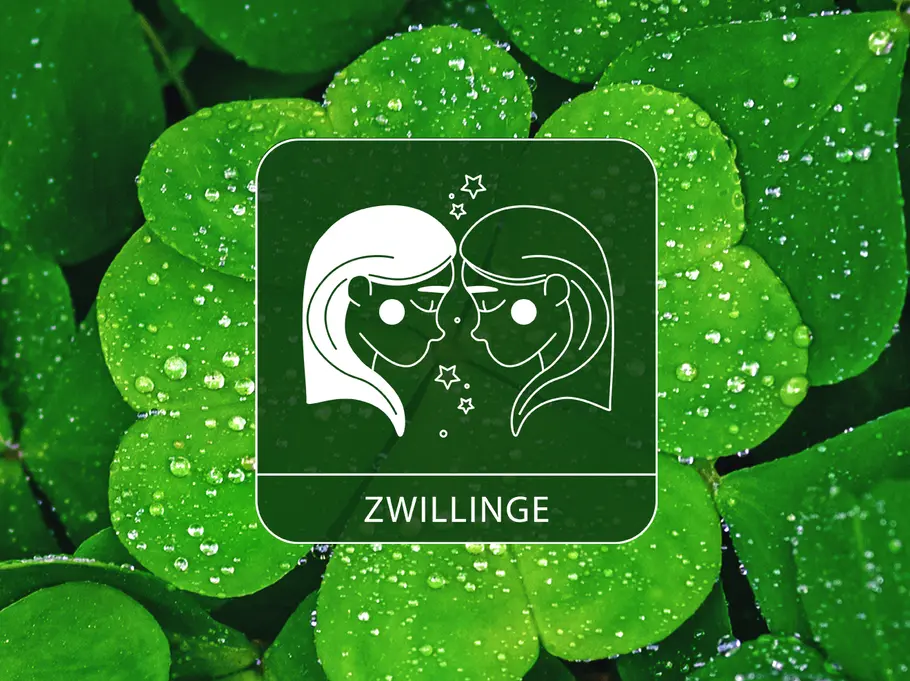 Das Sternzeichen Zwilling vor einem Hintergrund aus Kleeblättern voller Wassertropfen