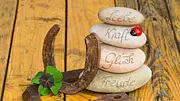 Beschriftete Steine mit „Liebe“, „Kraft“, „Glück“ und „Freude“, zwei Hufeisen, ein Kleeblatt und ein Deko-Marienkäfer liegen auf Holz. - Foto: Sonja Calovini/AdobeStock Beschriftete Steine mit „Liebe“, „Kraft“, „Glück“ und „Freude“, zwei Hufeisen, ein Kleeblatt und ein Deko-Marienkäfer liegen auf Holz. - Foto: Sonja Calovini/AdobeStock