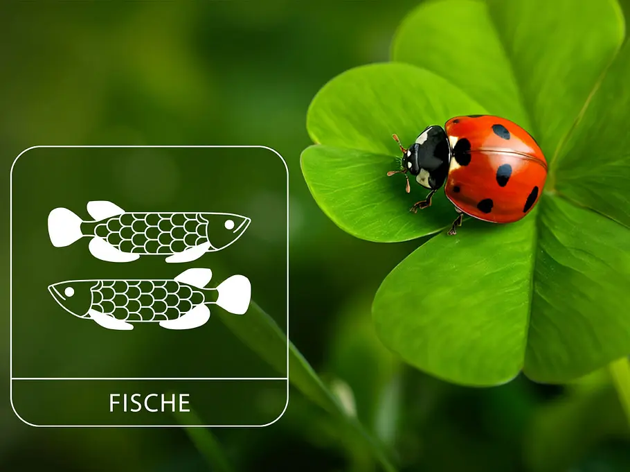 Sternzeichen Fische neben einem roten Marienkäfer auf grünem Glücksklee
