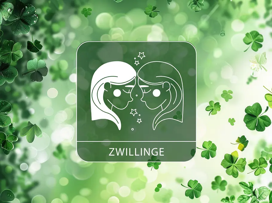Sternzeichen Zwillinge vor Glücksklee-Hintergrund