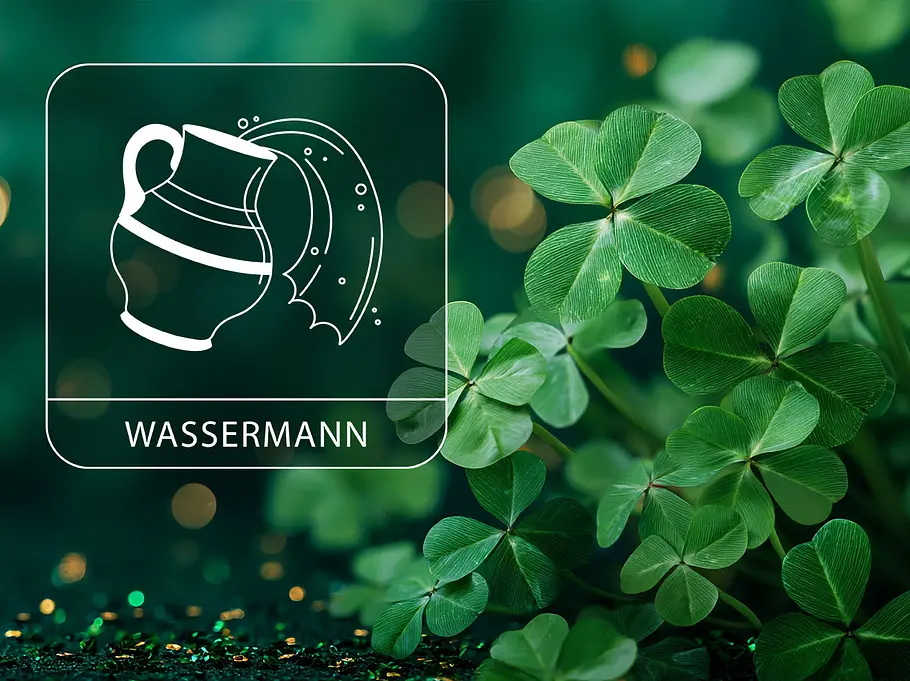 Sternzeichen Wassermann neben einem Strauch aus Glücksklee