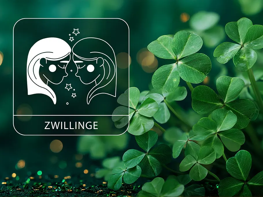 Sternzeichen Zwillinge neben einem Strauch aus Glücksklee