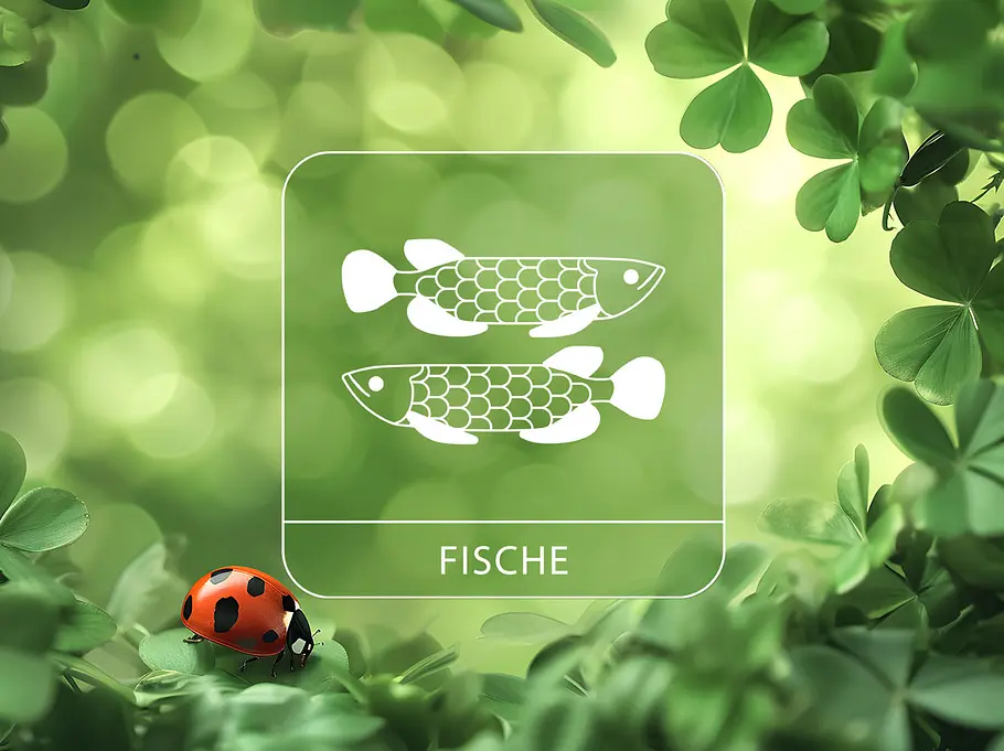 Sternzeichen Fische umgeben von Glücksklee und einem Marienkäfer