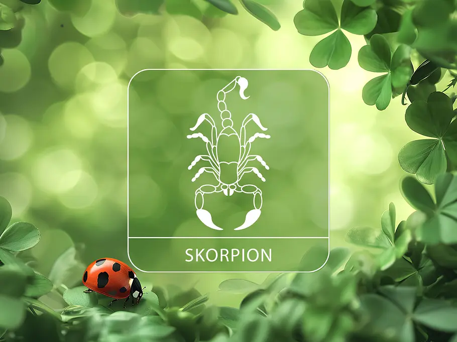 Sternzeichen Skorpion umgeben von Glücksklee und einem Marienkäfer