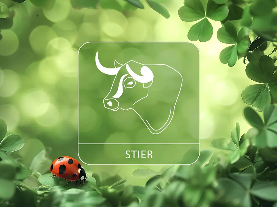 Sternzeichen Stier umgeben von Glücksklee und einem Marienkäfer