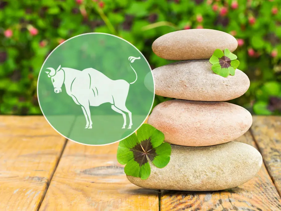 Vier glatte Steine sind mit Kleeblättern auf Holz gestapelt. Links ist ein weißer Stier in einem grünen Kreis dargestellt.