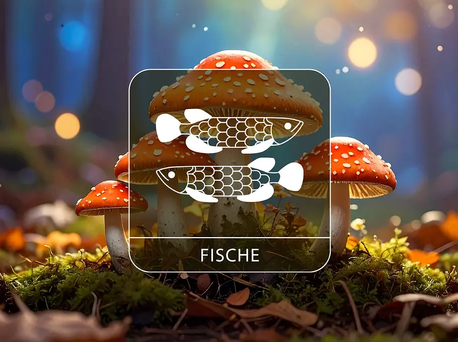 Sternzeichen Fische vor Glückspilzen in einem Zauberwald
