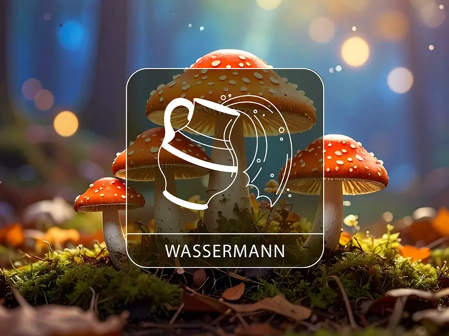 Sternzeichen Wassermann vor Glückspilzen in einem Zauberwald