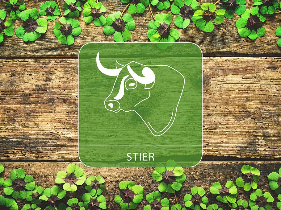 Sternzeichen Stier vor einem Holz-Hintergrund mit Glücksklee