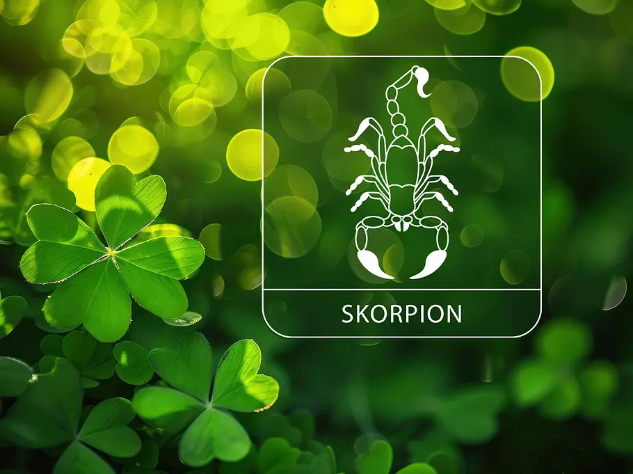 Sternzeichen Skorpion umgeben von Glücksklee