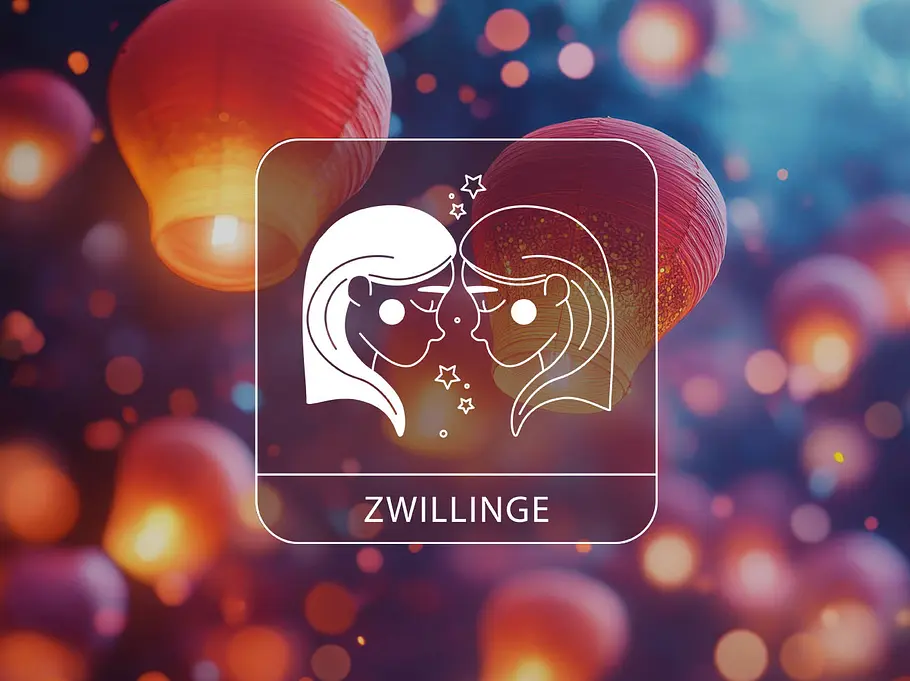 Sternzeichen Zwillinge vor leuchtenden Wunsch-Laternen