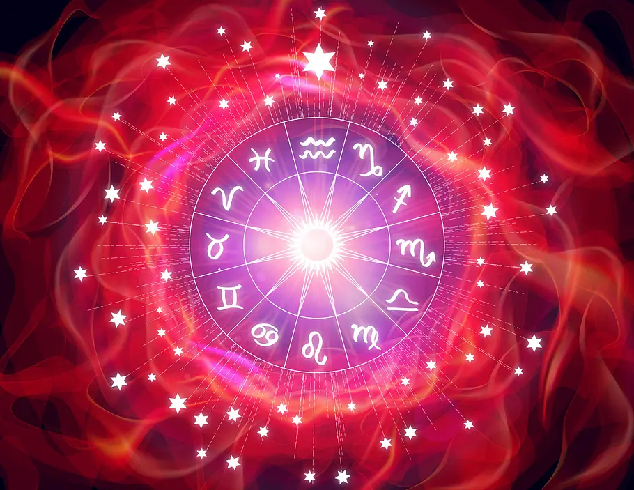 Das Horoskop für das beste Wochenende ab dem 12.04.2025 Astrologischer Kreis mit Sternen vor rotem Hintergrund