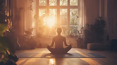 Frau sitzt meditierend in ihrem Wohnzimmer. Die Sonne scheint durch das Fenster. - Foto: Matthias / AdobeStock