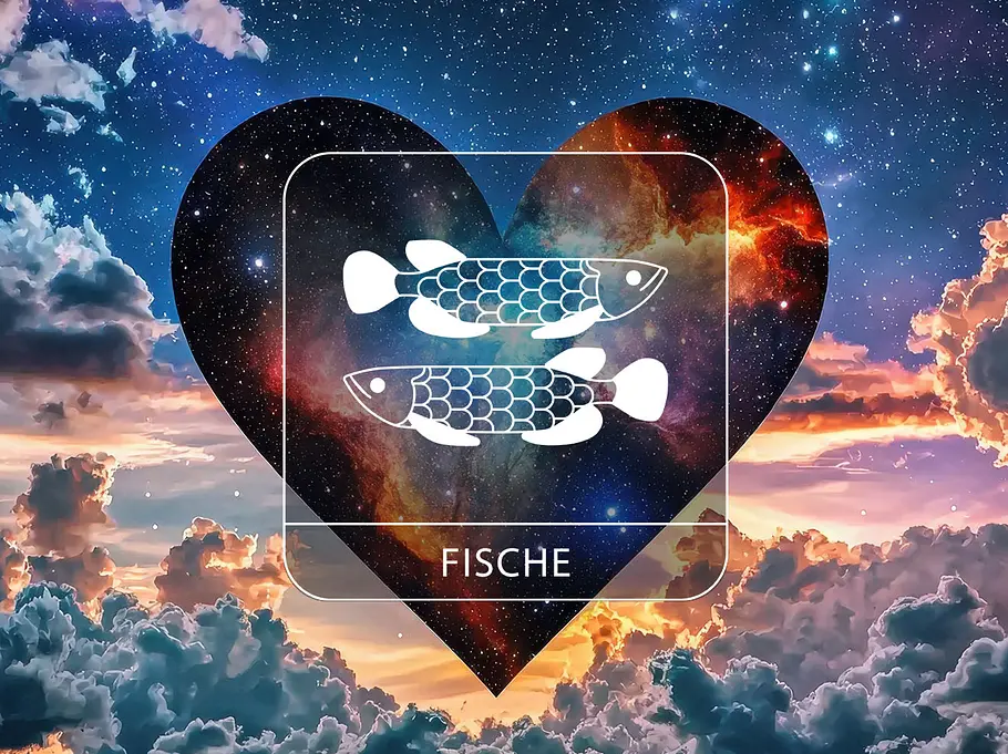 Sternzeichen Fische vor einem kosmischen Herz an einem Wolkenhimmel