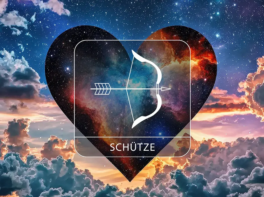 Sternzeichen Schütze vor einem kosmischen Herz an einem Wolkenhimmel