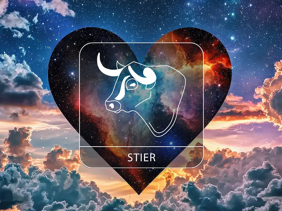 Sternzeichen Stier vor einem kosmischen Herz an einem Wolkenhimmel