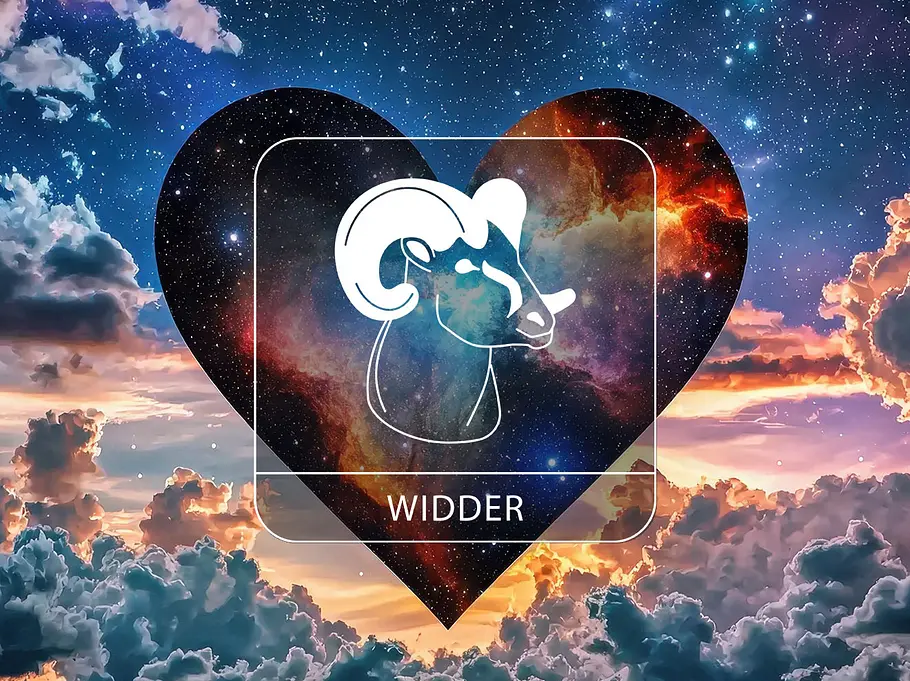 Sternzeichen Widder vor einem kosmischen Herz an einem Wolkenhimmel