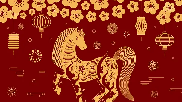 Grafik eines chinesischen Pferdes aus Blumen und Ornamenten, umgeben von Blüten und traditionellen Lampions. - Foto: sceptical cactus/iStock Grafik eines chinesischen Pferdes aus Blumen und Ornamenten, umgeben von Blüten und traditionellen Lampions. - Foto: sceptical cactus/iStock