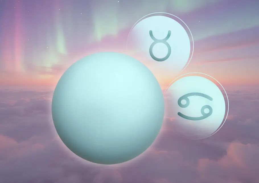 Planet Uranus vor einer Wolkenwild mit den Symbolen für die Sternzeichen Stier und Krebs