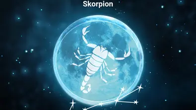Das Sternzeichensymbol für den Skorpion vor einem Vollmond als Symbol für das Mond-Jahr 2027 - Foto: Collage mit iStock/ Lidiia Moor, iStock/ Rudzhan Nagiev, iStock/ ipopba und Astrowoche.de