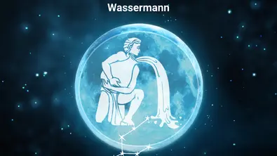 Das Sternzeichensymbol für den Wassermann vor einem Vollmond als Symbol für das Mond-Jahr 2027 - Foto: Collage mit iStock/ Lidiia Moor, iStock/ Rudzhan Nagiev, iStock/ ipopba und Astrowoche.de