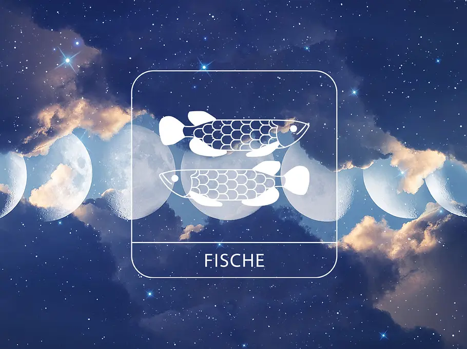 Sternzeichen Fische vor einem glitzernden Wolkenhimmel mit den Mondphasen
