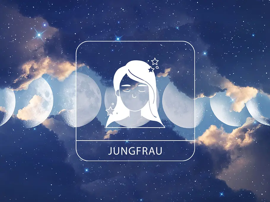 Sternzeichen Jungfrau vor einem glitzernden Wolkenhimmel mit den Mondphasen