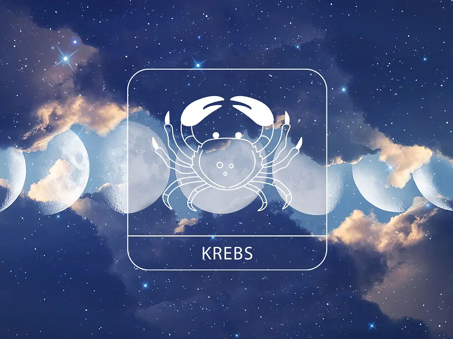 Sternzeichen Krebs vor einem glitzernden Wolkenhimmel mit den Mondphasen