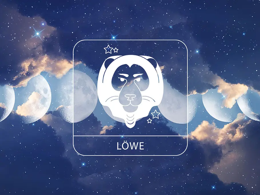Sternzeichen Löwe vor einem glitzernden Wolkenhimmel mit den Mondphasen