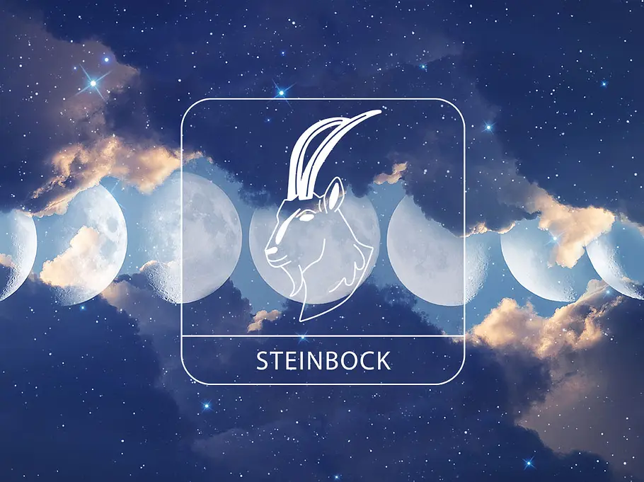 Sternzeichen Steinbock vor einem glitzernden Wolkenhimmel mit den Mondphasen