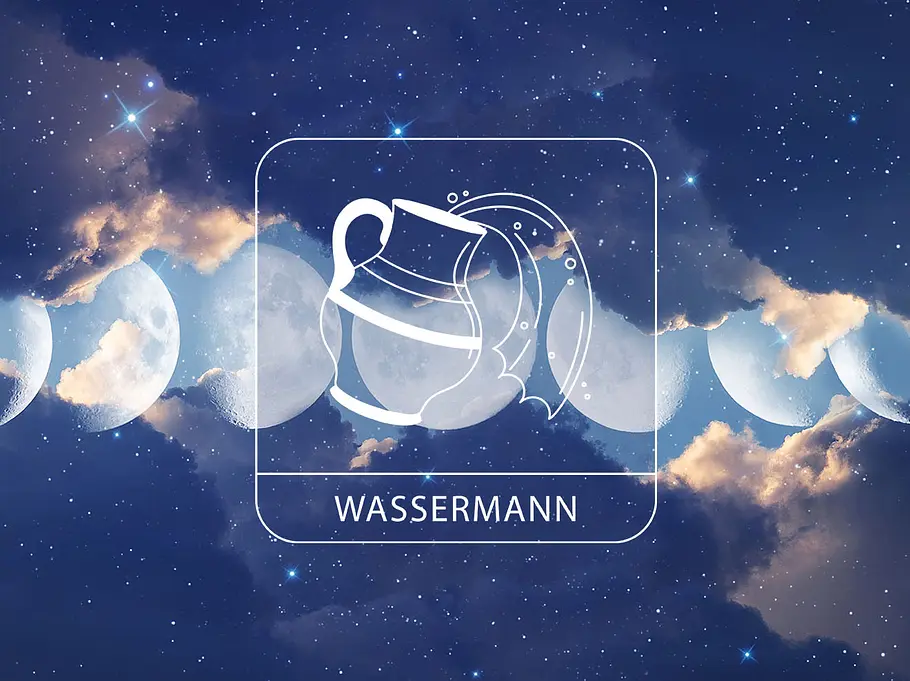 Sternzeichen Wassermann vor einem glitzernden Wolkenhimmel mit den Mondphasen