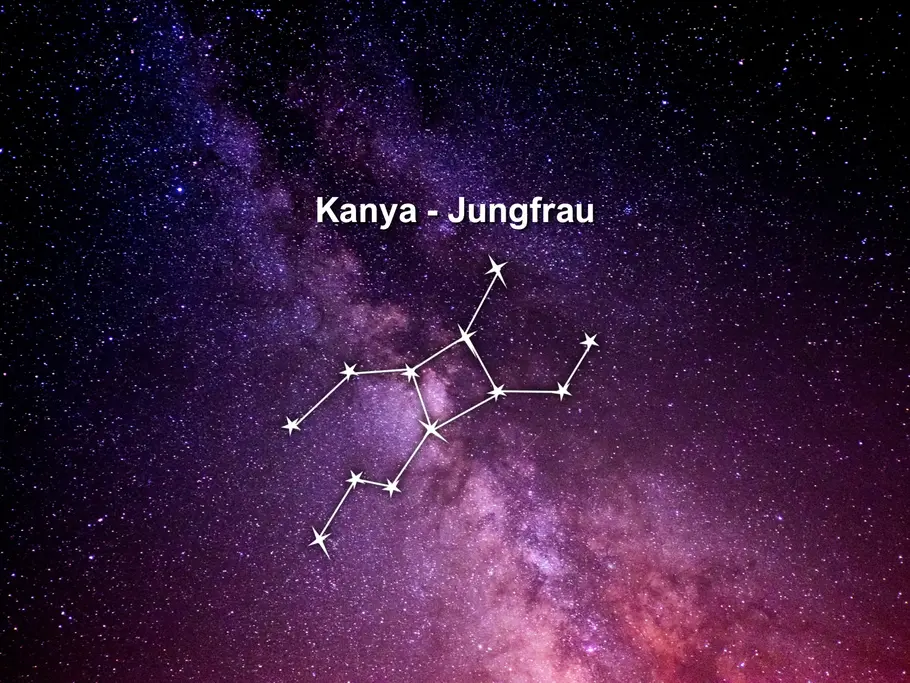 Das Sternbild Jungfrau ist mit weißen Linien vor einem violettem Sternenhimmel dargestellt. Darüber steht „Kanya - Jungfrau“.