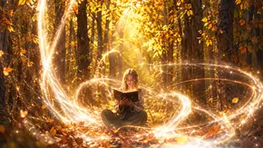 Eine junge Frau liest in einem Buch, umgeben von Wald und magischem Licht. - Foto: Astrowoche.de, KI generiert Eine junge Frau liest in einem Buch, umgeben von Wald und magischem Licht. - Foto: Astrowoche.de, KI generiert