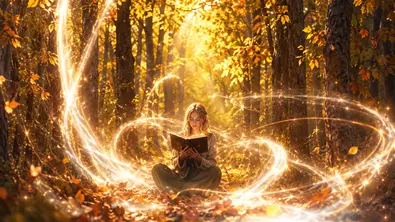Eine junge Frau liest in einem Buch, umgeben von Wald und magischem Licht. - Foto: Astrowoche.de, KI generiert Eine junge Frau liest in einem Buch, umgeben von Wald und magischem Licht. - Foto: Astrowoche.de, KI generiert