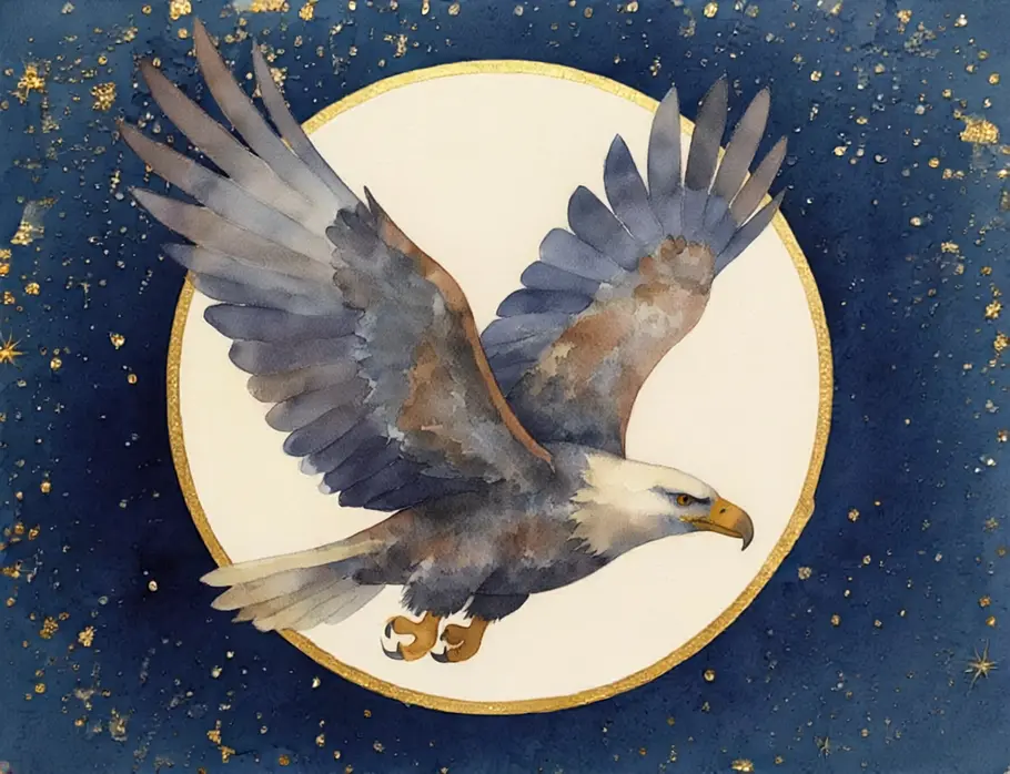 Krafttier finden und verstehen: Krafttier Adler Das Bild zeigt eine Grafik eines Adlers vor einem dunkelblauen Sternenhintergrund.