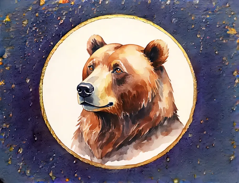 Krafttier finden und verstehen: Krafttier Bär Das Bild zeigt eine Grafik eines Bären vor einem dunkelblauen Sternenhintergrund.
