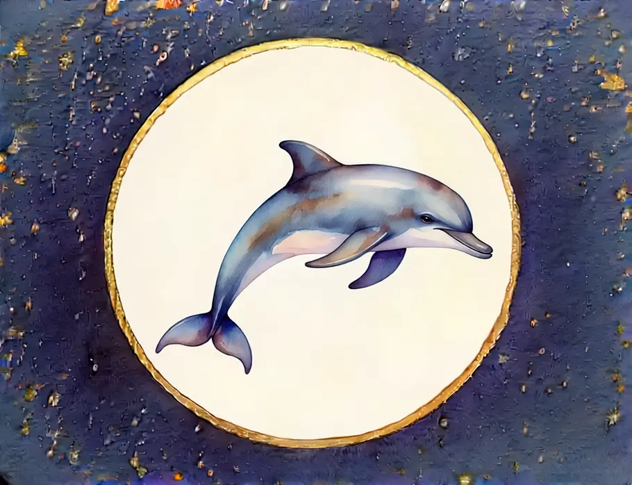 Krafttier finden und verstehen: Krafttier Delfin Das Bild zeigt eine Grafik eines Delfins vor einem dunkelblauen Sternenhintergrund.