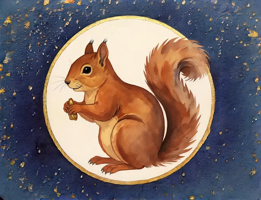 Krafttier finden und verstehen: Krafttier Eichhörnchen Das Bild zeigt eine Grafik eines Eichhörnchens vor einem dunkelblauen Sternenhintergrund.