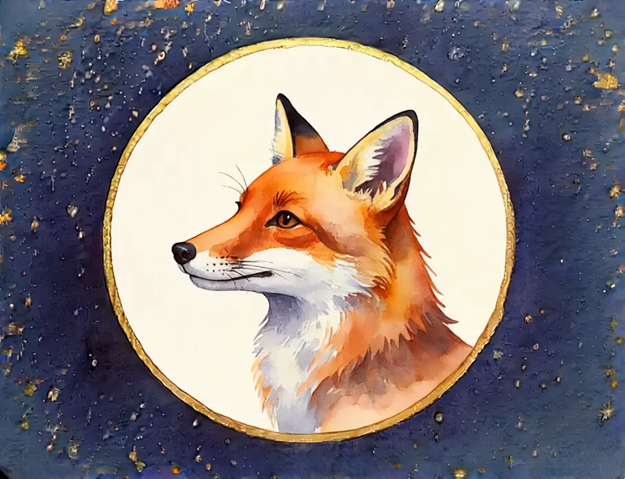Krafttier finden und verstehen: Krafttier Fuchs Das Bild zeigt eine Grafik eines Fuchs vor einem dunkelblauen Sternenhintergrund.