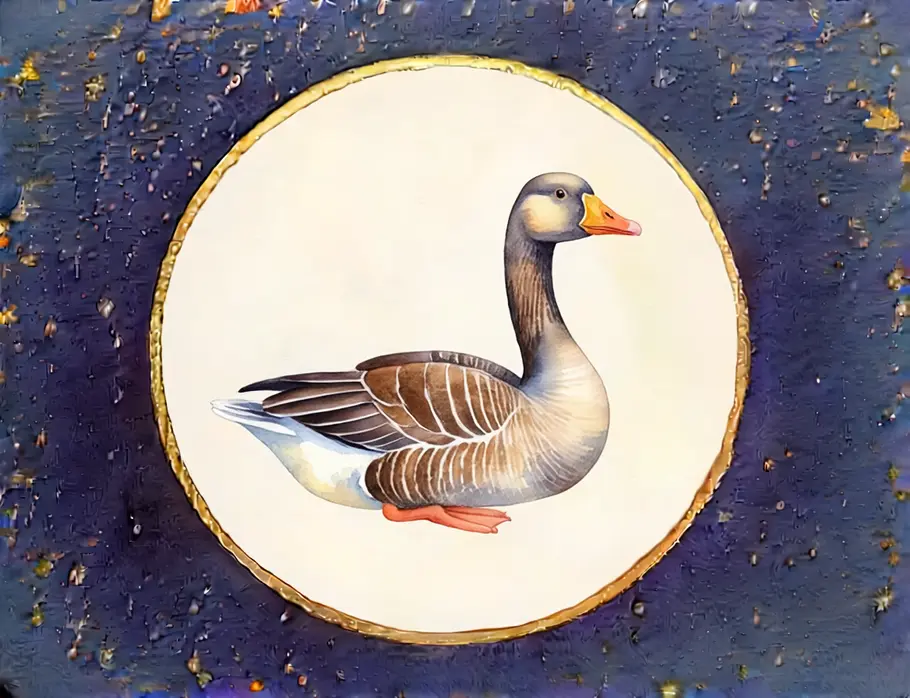 Krafttier finden und verstehen: Krafttier Gans Das Bild zeigt eine Grafik einer Gans vor einem dunkelblauen Sternenhintergrund.