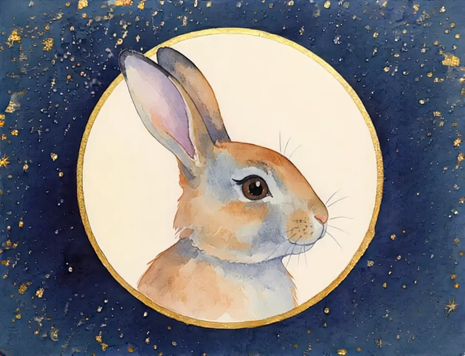 Krafttier finden und verstehen: Krafttier Hase Das Bild zeigt eine Grafik eines Hasen vor einem dunkelblauen Sternenhintergrund.