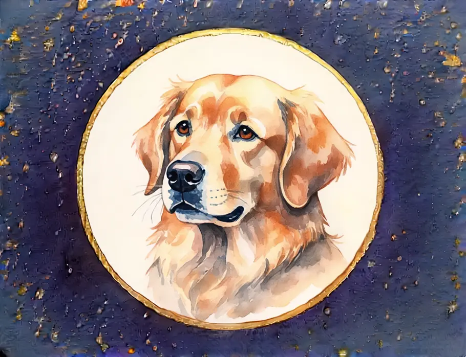 Krafttier finden und verstehen: Krafttier Hund Das Bild zeigt eine Grafik eines Hundes vor einem dunkelblauen Sternenhintergrund.