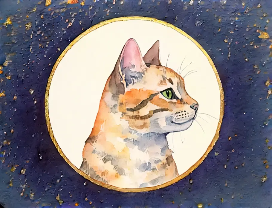 Krafttier finden und verstehen: Krafttier Katze Das Bild zeigt eine Grafik einer Katze vor einem dunkelblauen Sternenhintergrund.