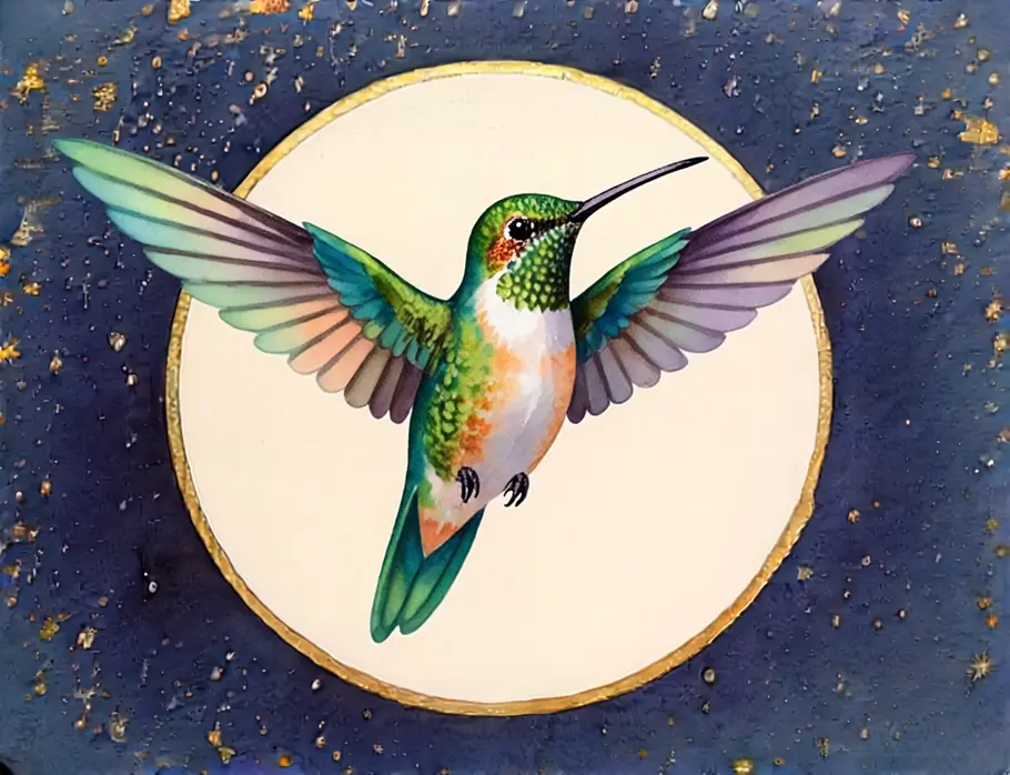 Krafttier finden und verstehen: Krafttier Kolibri Das Bild zeigt eine Grafik eines Kolibris vor einem dunkelblauen Sternenhintergrund.