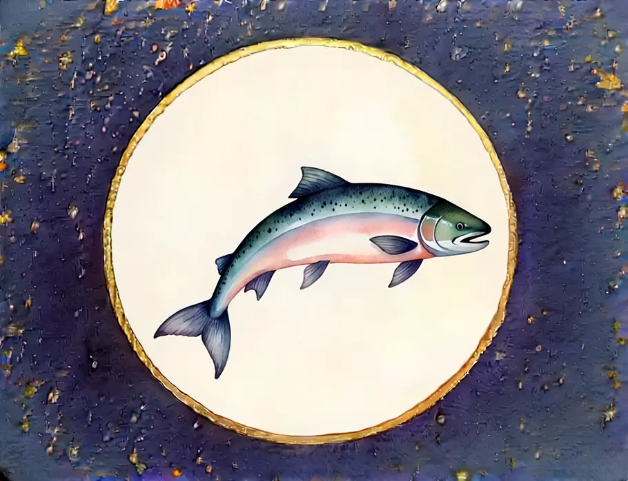 Krafttier finden und verstehen: Krafttier Lachs Das Bild zeigt eine Grafik eines Lachs vor einem dunkelblauen Sternenhintergrund.