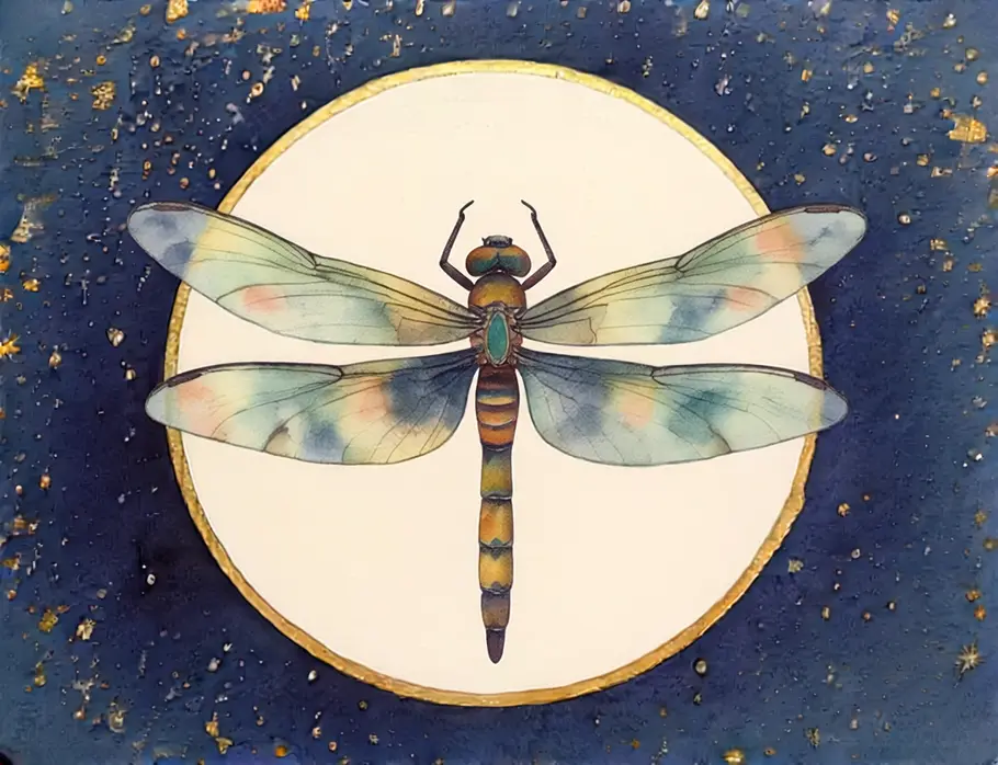 Krafttier finden und verstehen: Krafttier Libelle Das Bild zeigt eine Grafik einer Libelle vor einem dunkelblauen Sternenhintergrund.