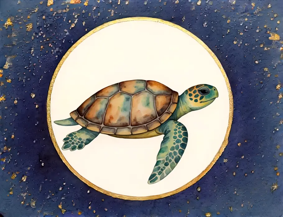Krafttier finden und verstehen: Krafttier Schildkröte Das Bild zeigt eine Grafik einer Schildkröte vor einem dunkelblauen Sternenhintergrund.